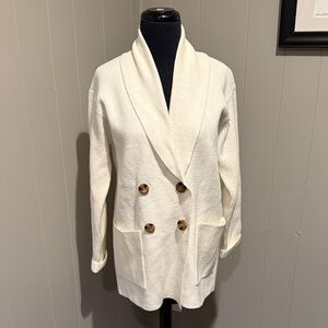 B19 Ann Taylor Cream Double-Breasted Ribbed Sleeves Cardigan